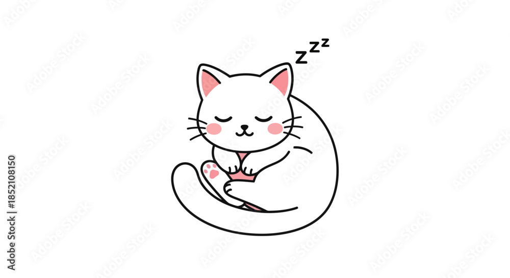 Naklejka premium Adorable cartoon kitten peacefully sleeping while curled up in a serene pose, a sweet and simple white feline illustration capturing tranquility and rest