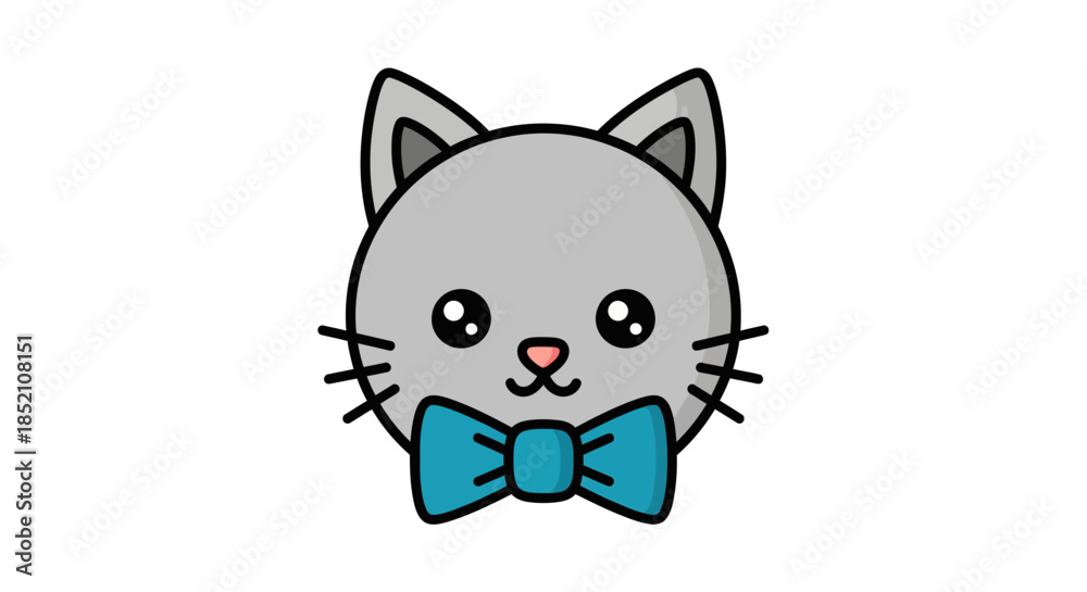 Obraz premium Adorably playful gray cartoon cat head illustration with a charming teal bow tie, perfect for pet-themed designs, children's content, and whimsical animal concepts