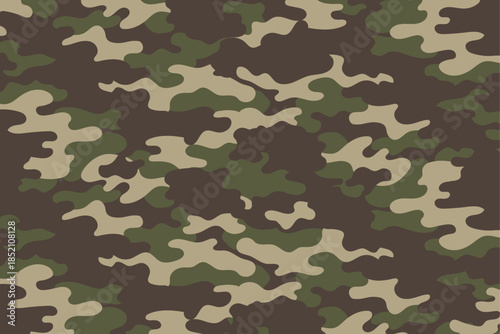 Woodland camouflage pattern with organic layered shapes in green brown and beige tones