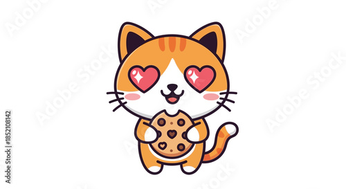 Sweet and adorable cartoon cat icon featuring heart-shaped eyes, expressing immense love and pure delight while enjoying a tasty cookie, a charming symbol of happiness
