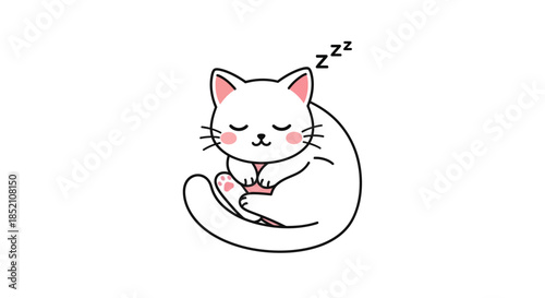 Adorable cartoon kitten peacefully sleeping while curled up in a serene pose, a sweet and simple white feline illustration capturing tranquility and rest