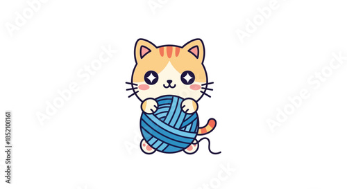 Cute Cartoon Cat Holding a Ball of Blue Yarn, Adorable Kitten Illustration