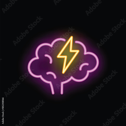 Neon sign is glowing brightly, representing the concept of brainstorming with a brain and a lightning bolt