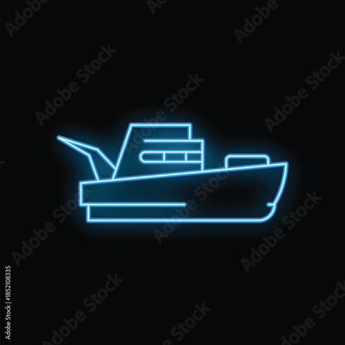 Glowing neon blue fishing ship icon isolated on black background