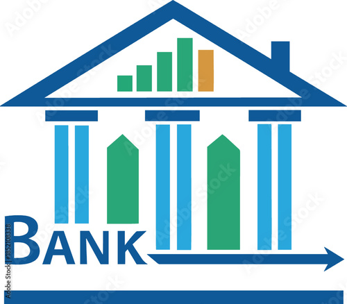Bank building icon with graph and columns on white background
