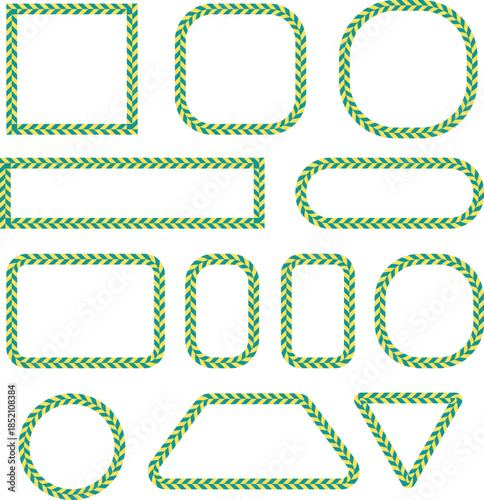 Green braided outline shapes and rounded frames set. Decorative geometric borders with twisted rope pattern texture. Creative UI elements for eco design, web and modern graphic layouts.