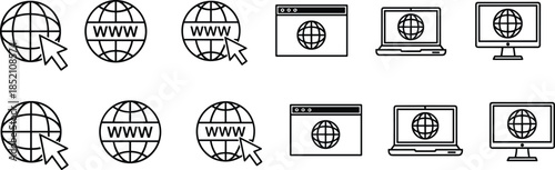 Internet, web, browser, www, online, connection, global, access, digital, technology, network, icon, laptop, desktop, cursor, globe, screen, symbol, communication, website, UI, UX, vector, minimal