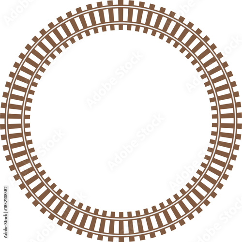Brown circular railway track frame isolated on white background. Repeating train rail pattern forms a clean round border shape. Decorative transport themed ring for maps, games and graphic design.