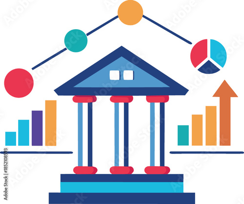 Bank building with graphs and charts isolated on white background