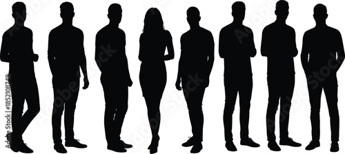 Silhouette people standing, fashion pose, black shadow, casual outfit, urban style, character design, posture study, modeling reference, stylish group, diversity