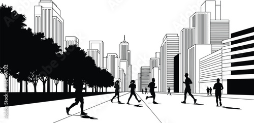 Silhouette people running in city street, urban marathon joggers, vector illustration of fitness lifestyle, skyscrapers background, black and white.
