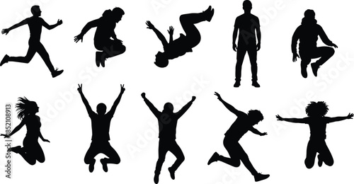 Silhouette people jumping, active lifestyle, happiness, freedom, energy, exercise, outdoor activity, sports motion, fun movement, youth expression, vitality