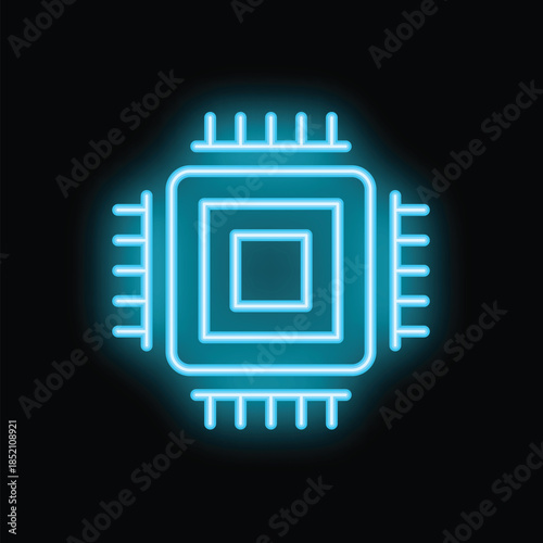 Blue neon icon of a microchip glowing on black background, representing digital technology and processing power