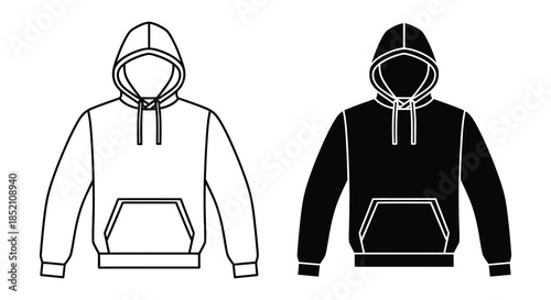Two hooded sweatshirts one white and one black displayed as a graphic design silhouette