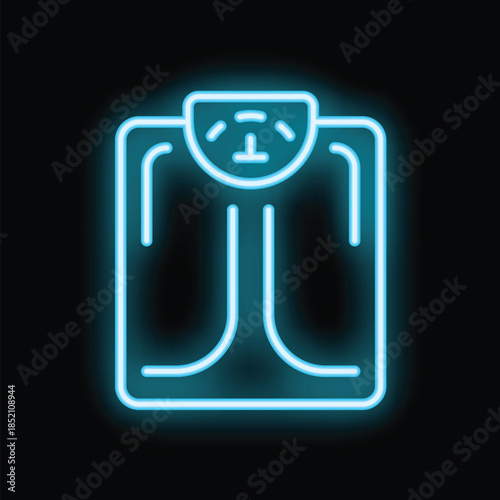 Bright neon bathroom scale is glowing on a black background
