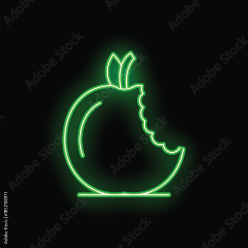 Green neon sign depicting a bitten apple glowing on black background