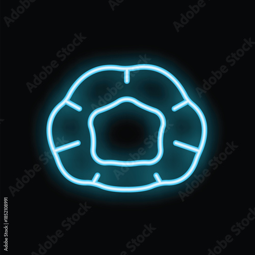 Blue neon lifebuoy glowing in the dark, a symbol of safety and rescue