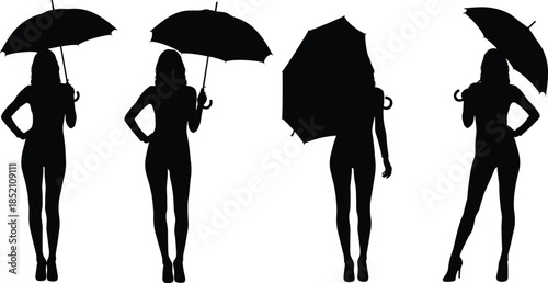 Silhouette of stylish woman holding umbrella, fashion model poses, black shadow art, elegance, beauty, mystery, high heels, lifestyle