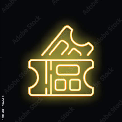 Glowing neon icon of two tickets, symbolizing entertainment, leisure, and the excitement of attending events