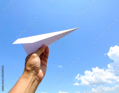 Soaring Aspirations: A hand releases a paper airplane into a clear, azure sky, evoking dreams of exploration and flight.
