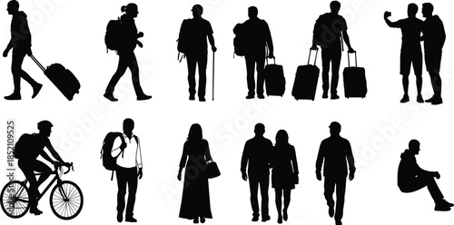 Set of traveler silhouettes, people walking with luggage and backpacks, tourists hiking and cycling, vacation concept vector illustration collection