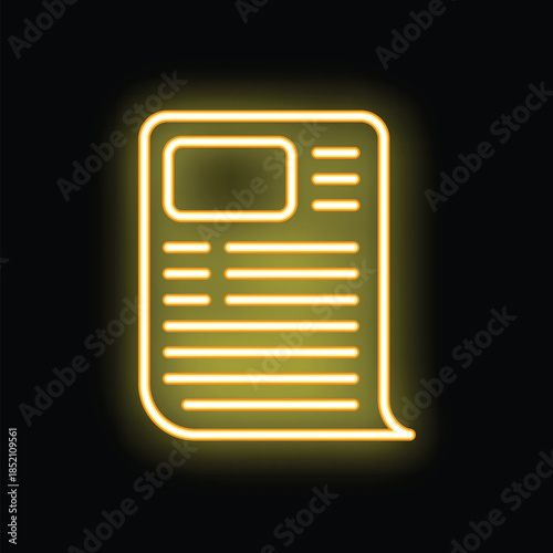 Bright yellow neon online article icon glowing on black background