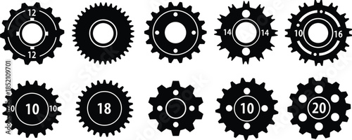 Set of gear icons, black silhouettes, isolated vector collection, mechanical transmission parts, industrial engineering symbols, cogs, sprockets, machine elements, wheels
