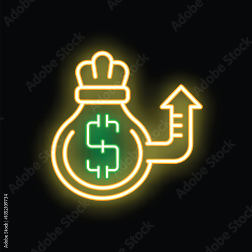 Neon sign representing a money bag with a growing arrow, symbolizing investment growth
