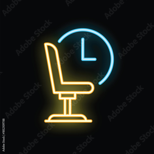 Neon office chair with clock icon glowing on dark background, concept of work time, deadline, working hours
