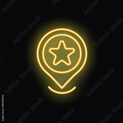 Bright yellow neon map pin pointing a location with a star inside, perfect for showcasing points of interest