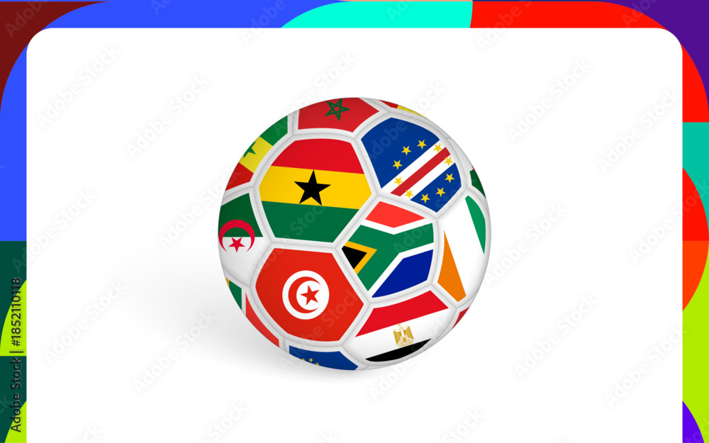 Naklejka premium Colorful Football Sphere with African Country Flags. Represents the international sports, and regional competition.