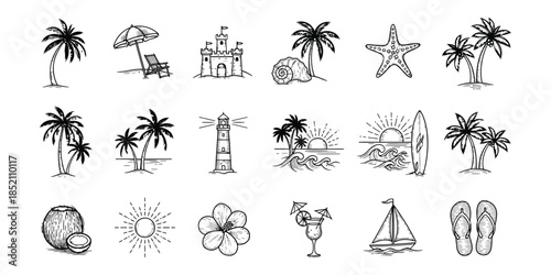 Minimalist Line Art Icon Set of Summer Beach and Tropical Vacation Elements on White Background.