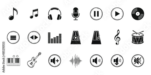 Modern Music and Audio Equipment Icon Set with Multimedia Player Controls on White Background.
