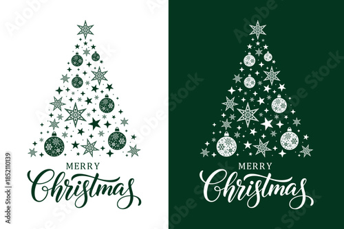 Elegant Merry Christmas greeting card set featuring stylized star Christmas trees on green and white backgrounds, festive typography and decorative stars, perfect for holiday cards, invitations.
