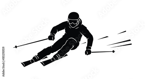A dynamic depiction of a skier in motion captured as a striking black silhouette