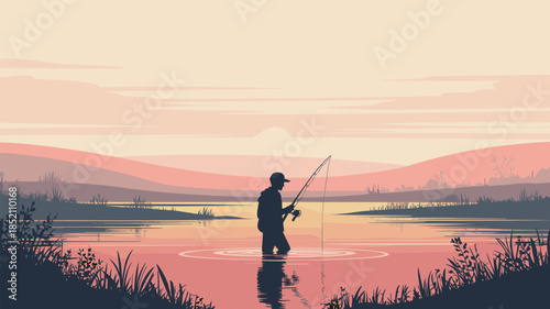 Fisherman Fishing Lake Silhouette Background
