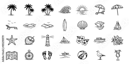 Minimalist Line Art Icon Set of Summer Beach and Tropical Vacation Elements on White Background.
