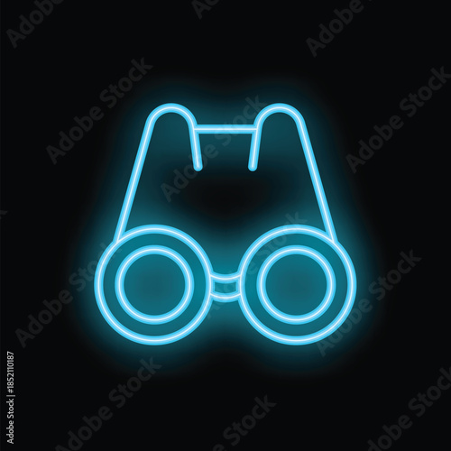 Blue neon sign of binoculars glowing in the dark