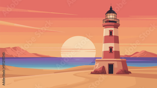 Lighthouse Ocean Sunset Landscape Coastal View Nautical Scenery