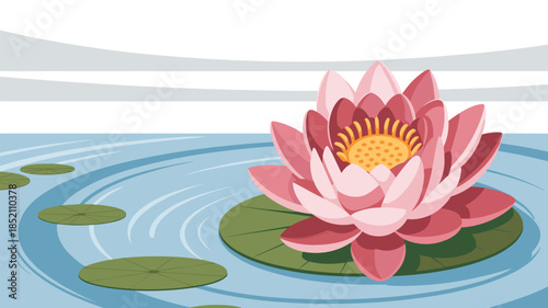 Lotus Flower and Lily Pads on Water Surface