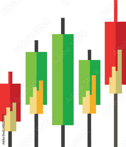 A colorful candlestick chart with green red and yellow colors