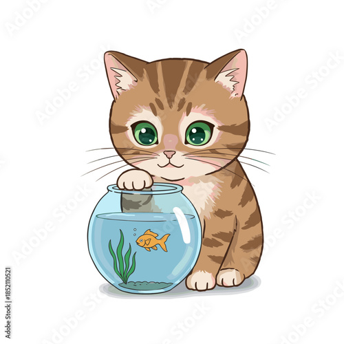 Cute Cartoon Kitten Gazing at Goldfish in a Bowl.