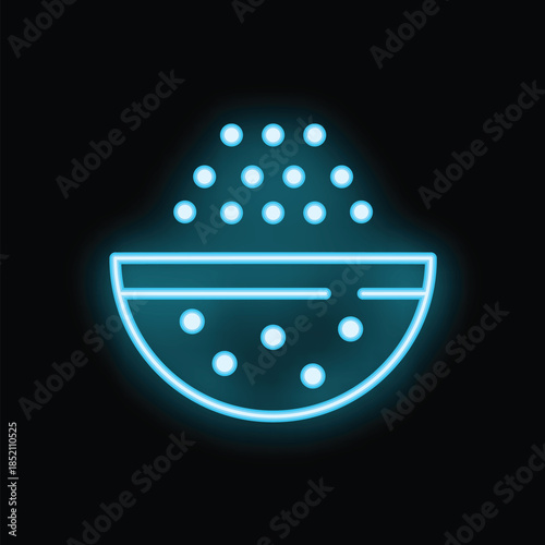 Glowing neon icon of a bowl with seeds being poured in, on a black background