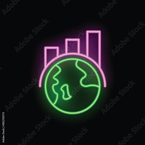 Neon sign depicting a bar chart rising above a world map, symbolizing global economic expansion
