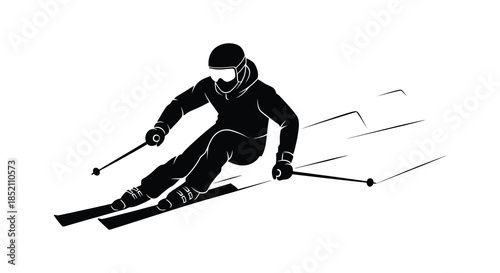 A downhill skier in motion captured in a striking black and white silhouette
