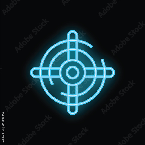 Neon blue target icon glowing on a dark background, representing concepts such as focus, precision and accuracy