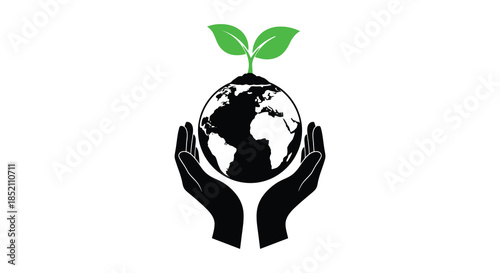 Hands cradling earth with a sprouting plant symbolizing growth and environmental care silhouette