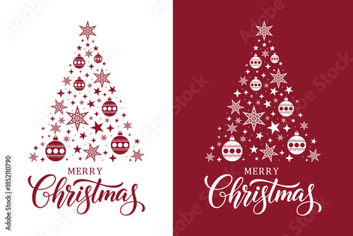  Elegant Merry Christmas greeting card set featuring stylized star Christmas trees on red and white backgrounds, festive typography and decorative stars, perfect for holiday cards, invitations.