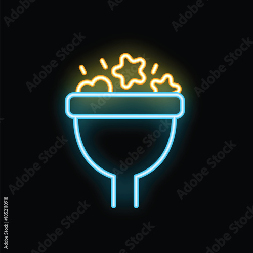 Neon blue sales funnel converting leads with yellow stars flying out from the top on a black background