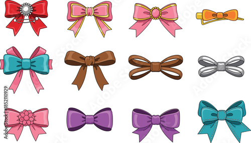 Decorative bow icon set including silk ribbons hair clips and fabric ties in various colors and styles isolated on white background vector.